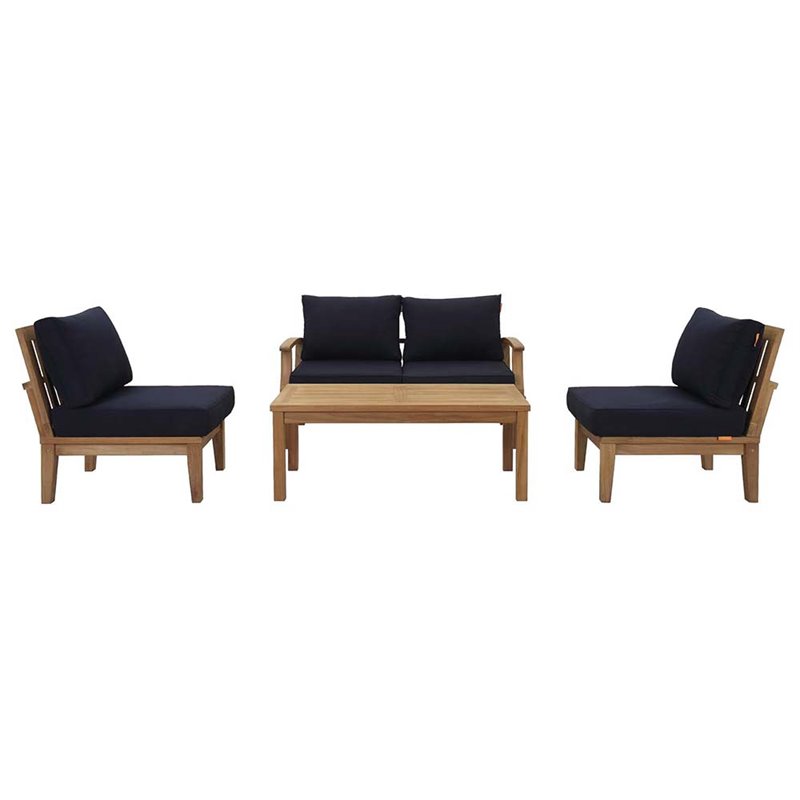 Modway Marina 5-Piece Solid Teak Wood Patio Sofa Set in Natural/Navy
