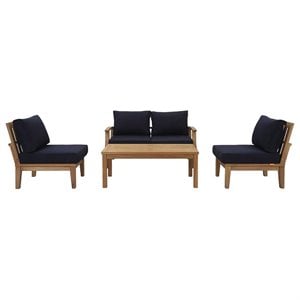 Modway Marina 5-Piece Solid Teak Wood Patio Sofa Set in Natural/Navy