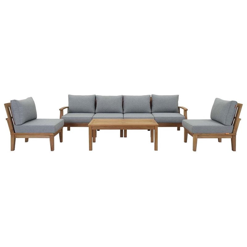 Modway Marina Modern Wood 7-Piece Patio Teak Sofa Set in Natural/Gray