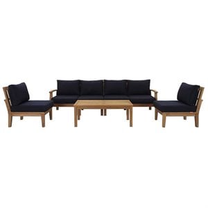 Modway Marina 7-Piece Solid Teak Wood Patio Sofa Set in Natural/Navy