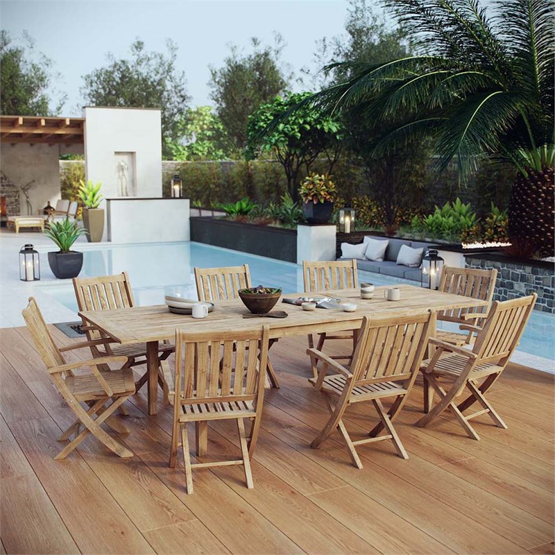 Modway Marina 9-Piece Wood Outdoor Patio Dining Set with Arm Chair in Natural