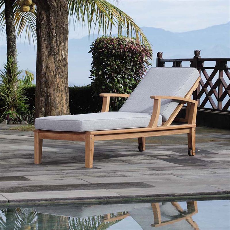 Modway Marina Modern Wood Patio Teak Single Chaise in Natural/Gray