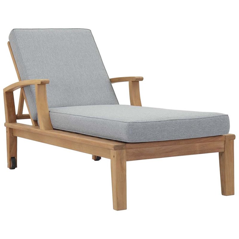 Modway Marina Modern Wood Patio Teak Single Chaise in Natural/Gray