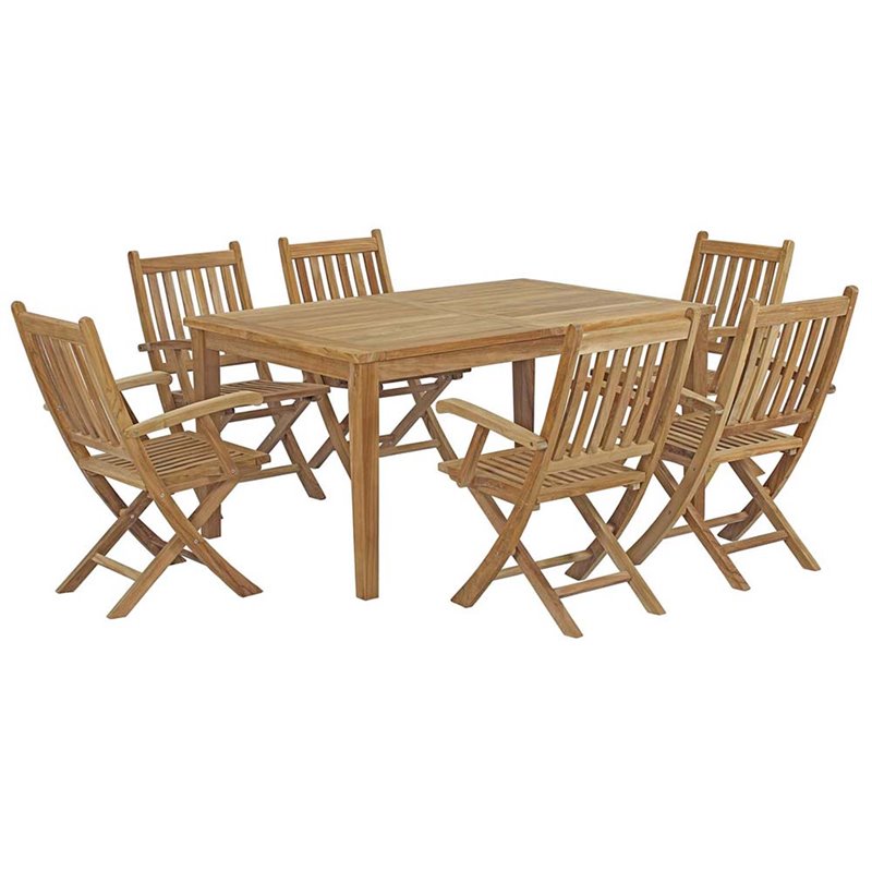 Modway Marina 7-Piece Solid Teak Wood Outdoor Patio Dining Set in Natural