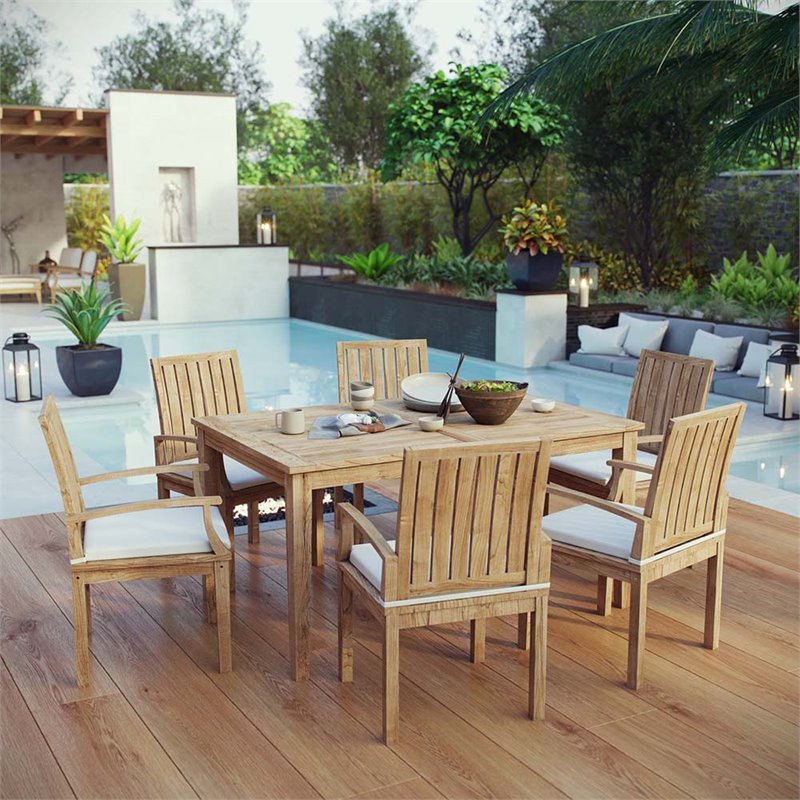 Modway Marina 7-Piece Solid Teak Wood Patio Dining Set in Natural/White