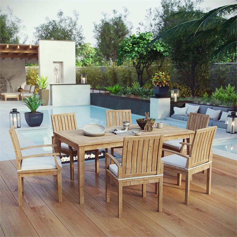Modway Marina 7-Piece Solid Teak Wood Patio Dining Set in White/Natural
