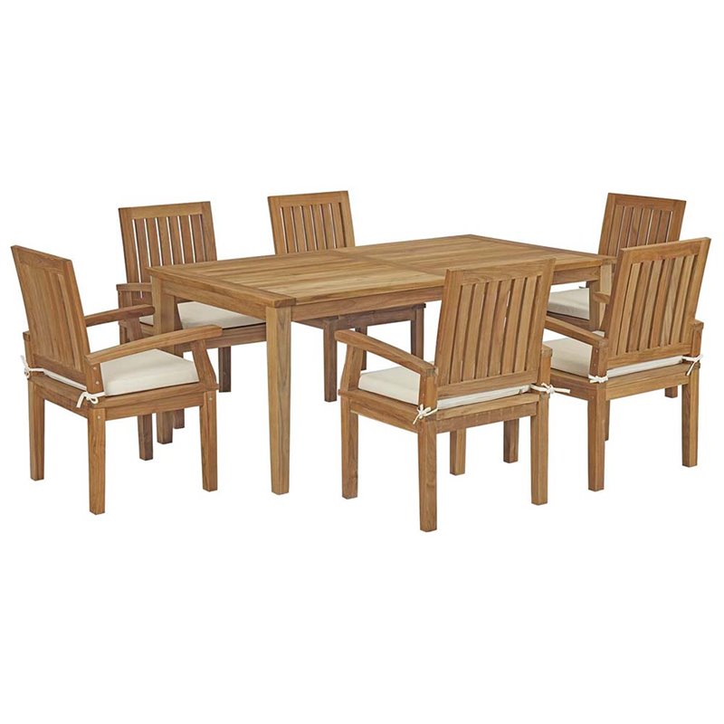 Modway Marina 7-Piece Solid Teak Wood Patio Dining Set in White/Natural