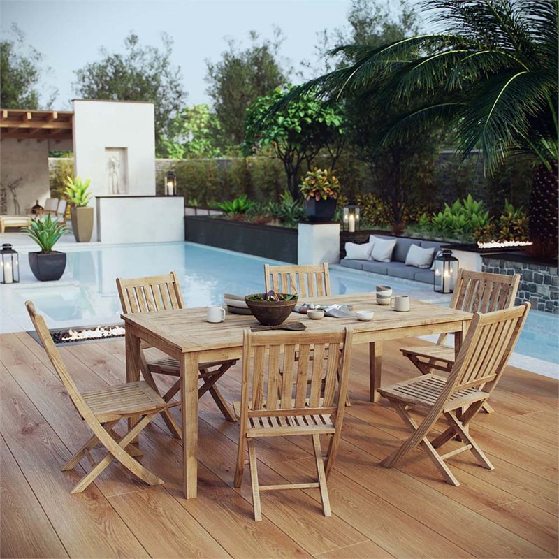Modway Marina 7-Piece Teak Wood Patio Dining Set with Side Chair in Natural