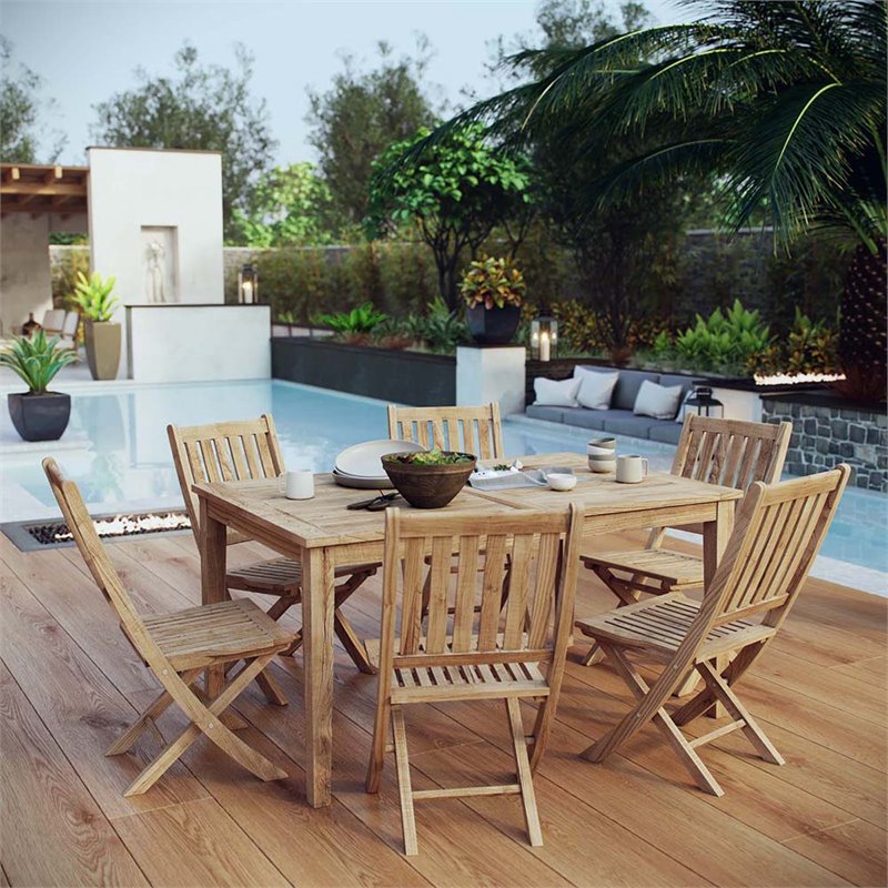 Modway Marina 7-Piece Teak Wood Outdoor Patio Dining Set in Natural