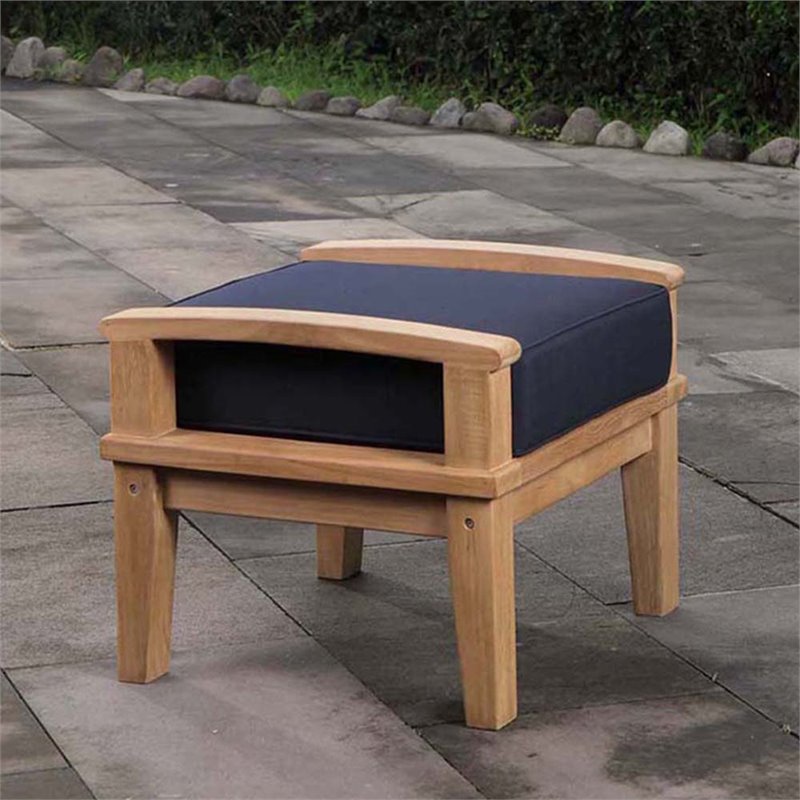 Marina Outdoor Patio Teak Ottoman in Natural Navy