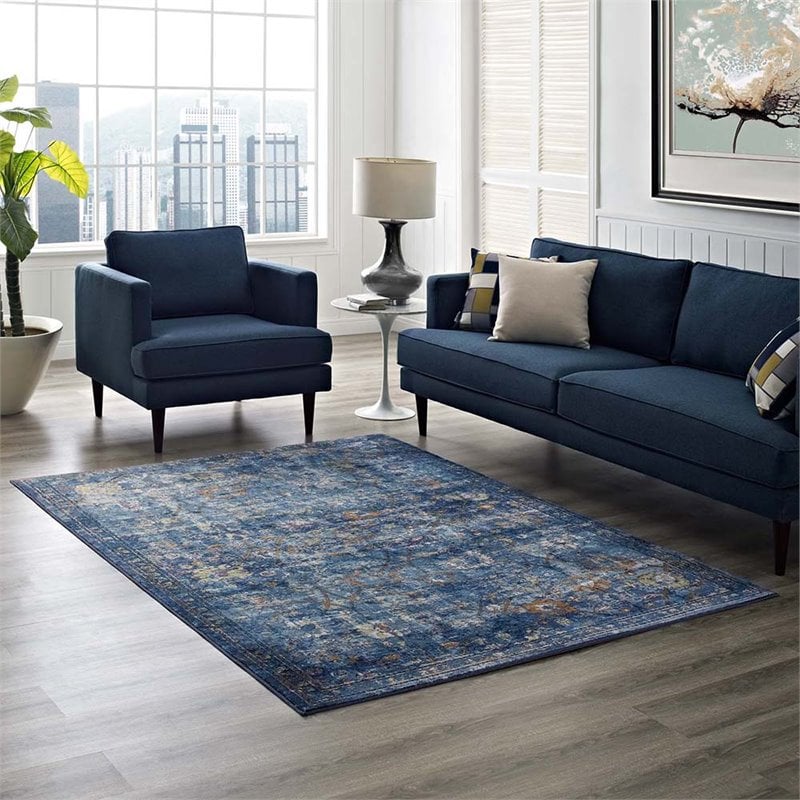 Modway Minu 5' x 8' Floral Lattice Area Rug in Dark Blue and Yellow