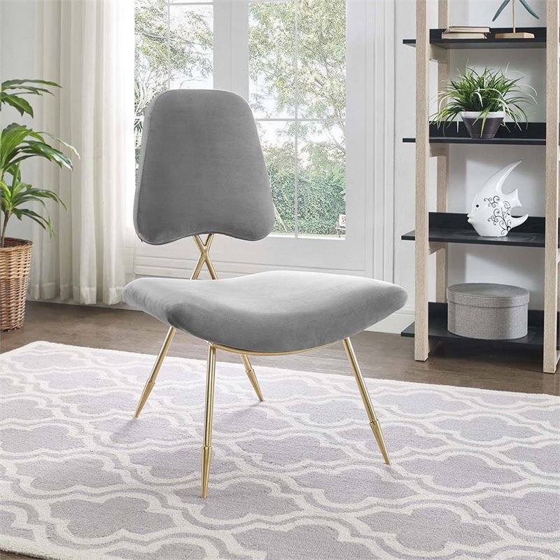 Modway Ponder Performance Velvet Lounge Chair in Gray and Gold