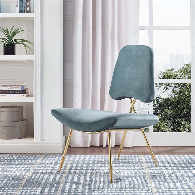 Modway Ponder Performance Velvet Lounge Chair in Sea Blue and Gold