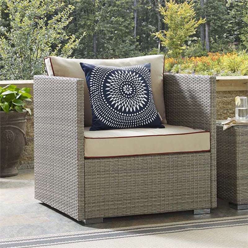 Modway Repose Rattan & Fabric Patio Arm Chair in Light Gray and Beige