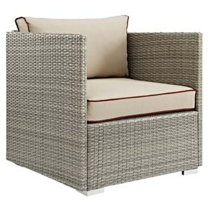 Modway Repose Rattan & Fabric Patio Arm Chair in Light Gray and Beige