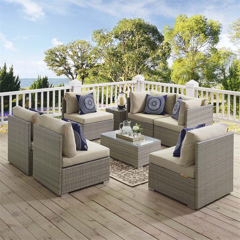 Modway Repose Rattan & Fabric Patio Corner Chair in Light Gray & Beige