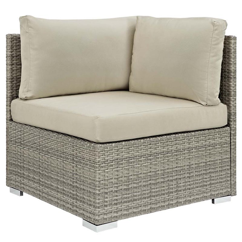 Modway Repose Rattan & Fabric Patio Corner Chair in Light Gray & Beige