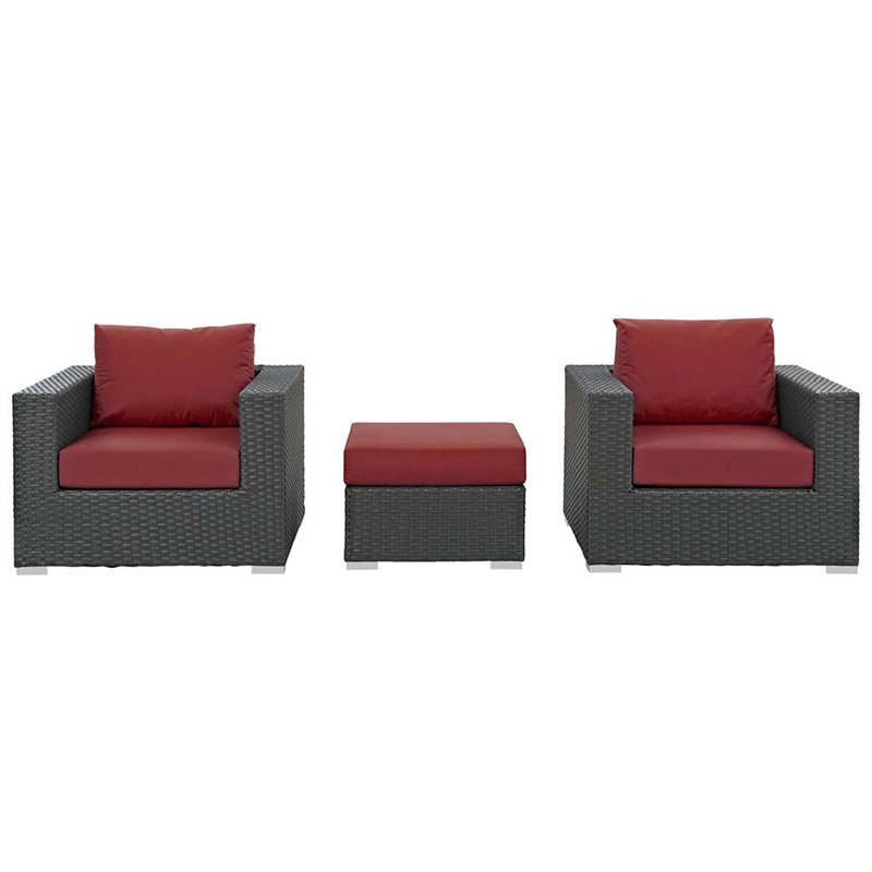 Modway Sojourn 3-Piece Aluminum and Rattan Patio Sectional Set in Canvas/Red