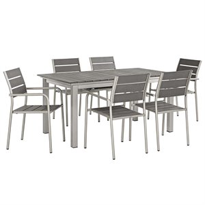Modway Shore 7-Piece Extendable Aluminum Patio Dining Set in Silver and Gray
