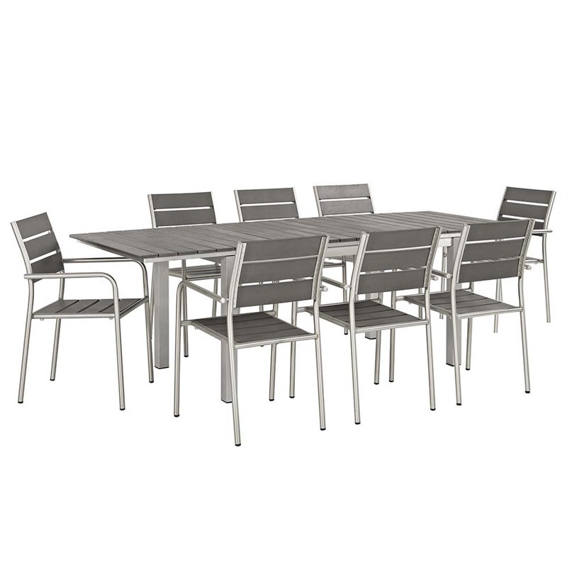 Modway Shore 9-Piece Extendable Aluminum Patio Dining Set in Silver and Gray