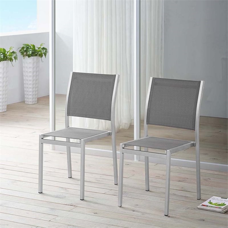 Modway Shore Aluminum Fabric Patio Dining Side Chairs in Silver/Gray (Set of 2)