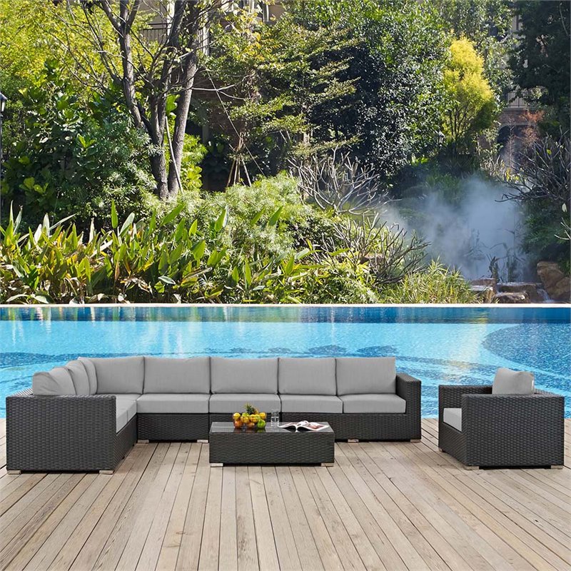 Modway Sojourn Aluminum Fabric and Rattan Patio Corner Sofa Chair in Canvas/Gray
