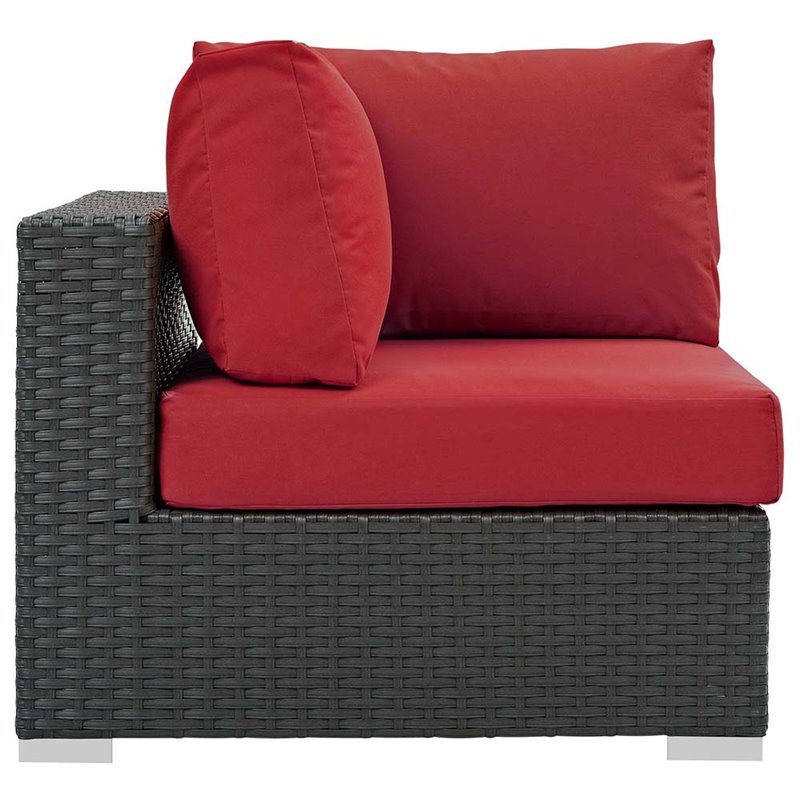 Modway Sojourn Aluminum Fabric and Rattan Patio Corner Sofa Chair in Canvas/Red
