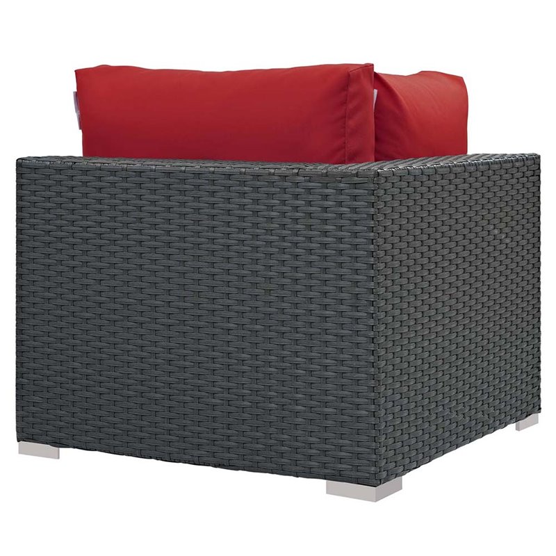 Modway Sojourn Aluminum Fabric and Rattan Patio Corner Sofa Chair in Canvas/Red