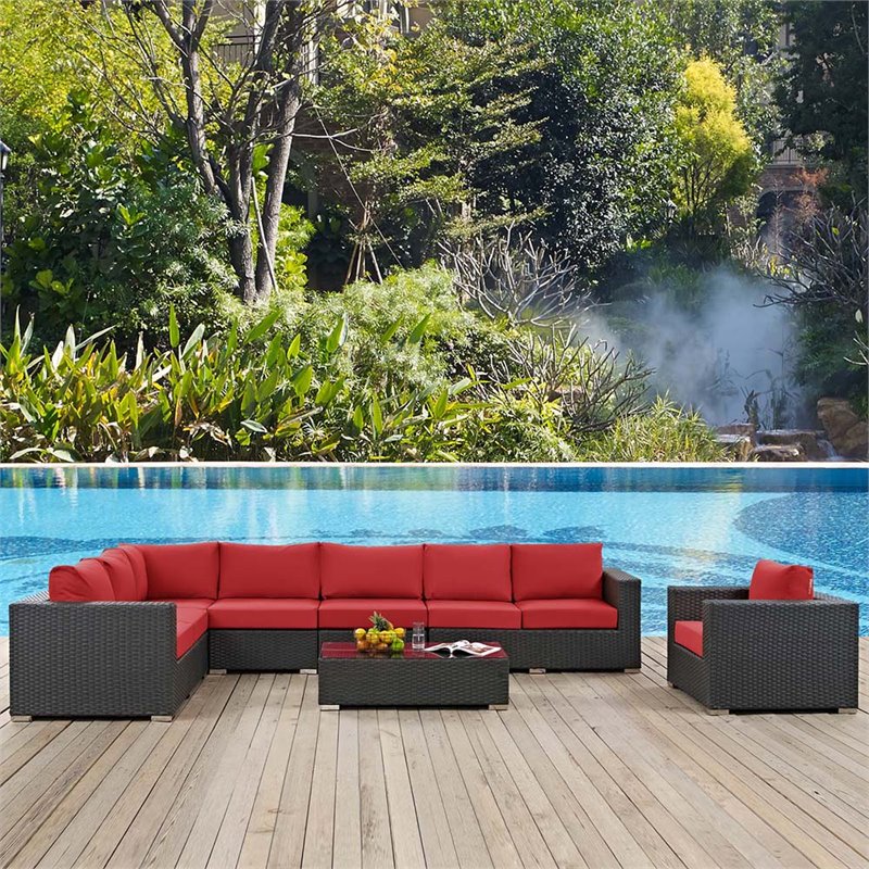 Modway Sojourn Aluminum Fabric and Rattan Patio Corner Sofa Chair in Canvas/Red