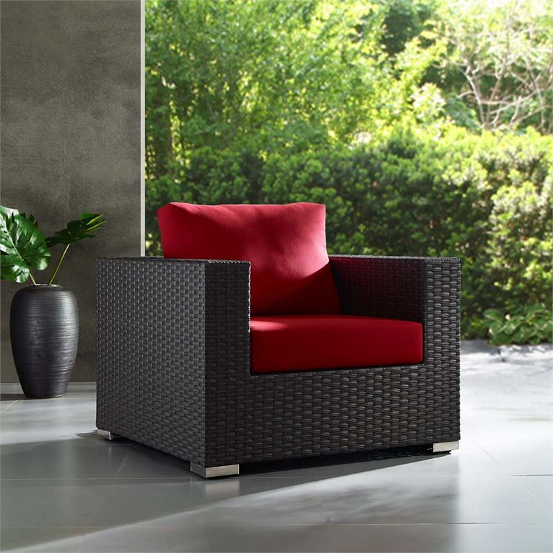 Modway Sojourn Aluminum and Rattan Patio Armchair in Canvas/Red