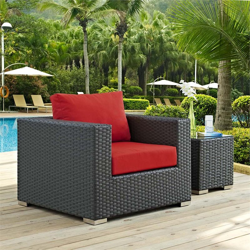 Modway Sojourn Aluminum and Rattan Patio Armchair in Canvas/Red