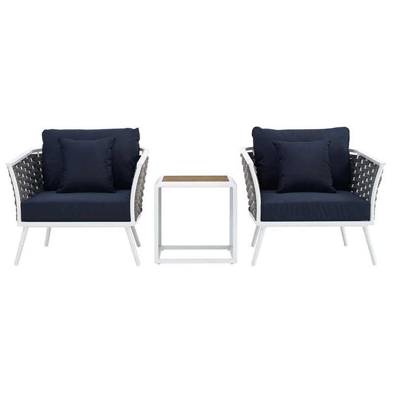 Modway Stance 3-Piece Aluminum & Fabric Patio Set in White and Navy