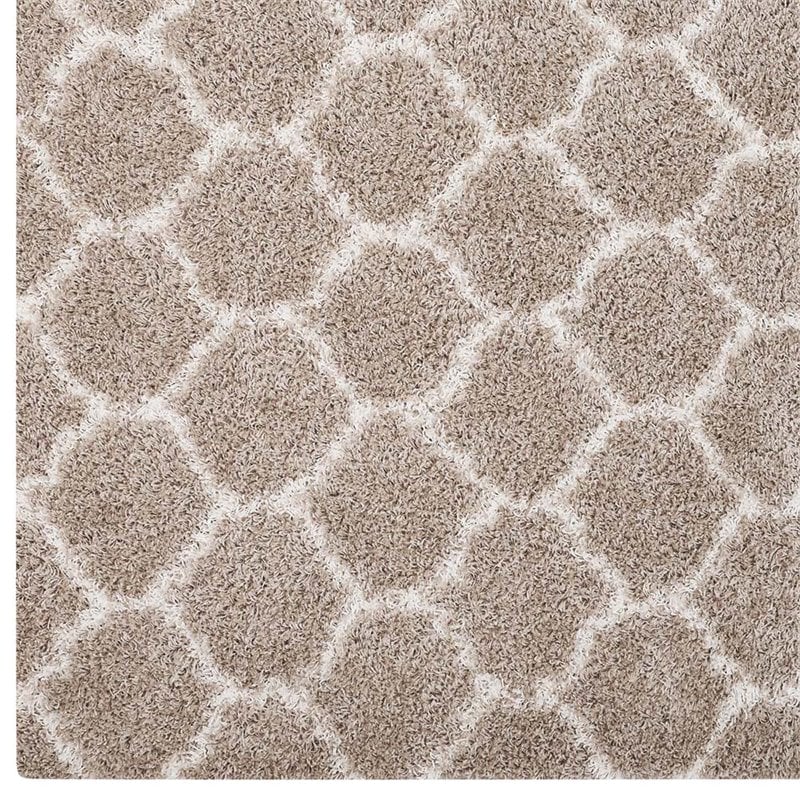 Modway Solvea 5' x 8' Moroccan Trellis Shag Area Rug in Beige