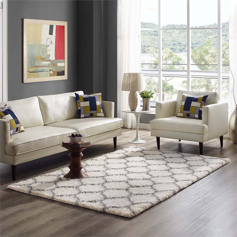 Modway Solvea 5' x 8' Moroccan Trellis Shag Area Rug in Ivory and Gray