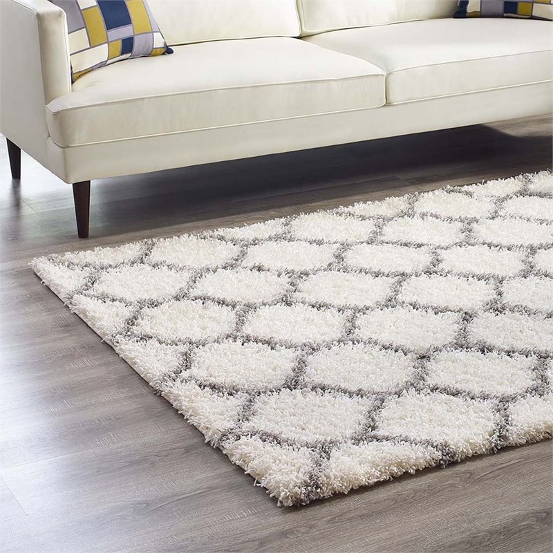 Modway Solvea 5' x 8' Moroccan Trellis Shag Area Rug in Ivory and Gray