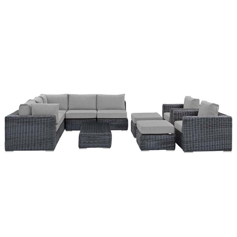 Modway Summon 10-Piece Aluminum and Rattan Patio Sectional Set in Canvas/Gray