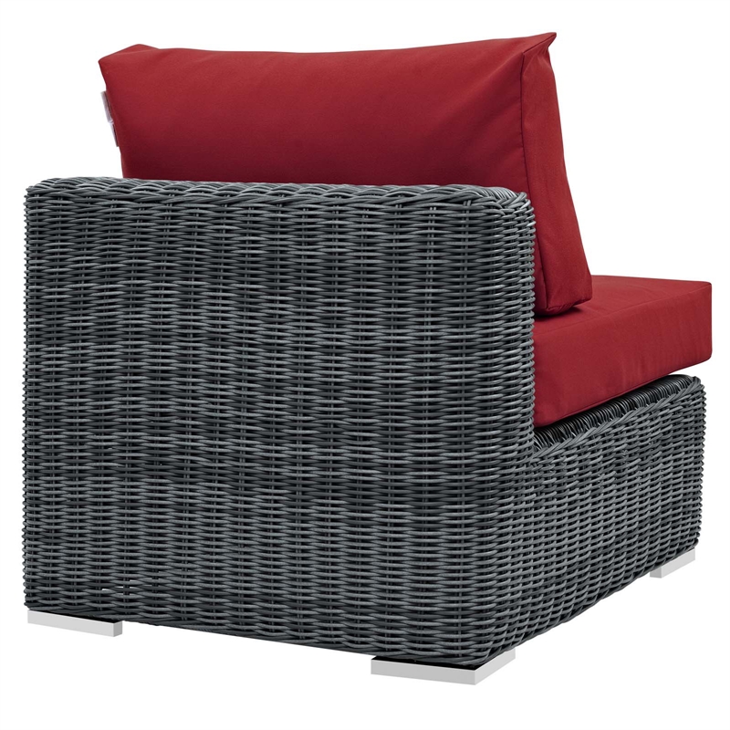 Modway Summon Aluminum and Rattan Patio Armless Sofa Chair in Canvas/Red