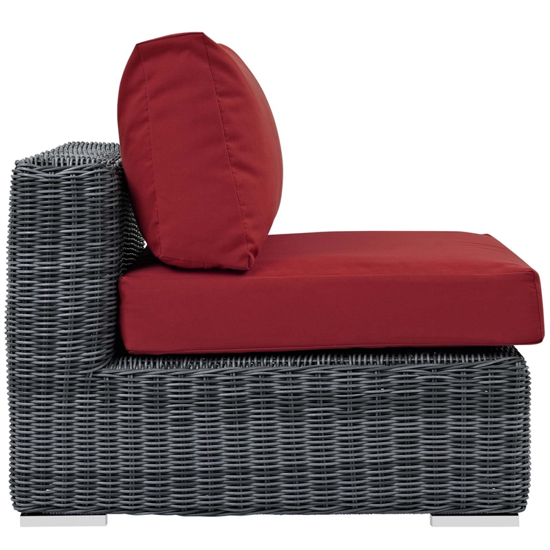 Modway Summon Aluminum and Rattan Patio Armless Sofa Chair in Canvas/Red
