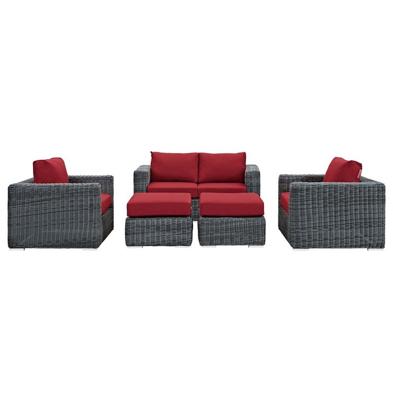 Modway Summon 5-Piece Aluminum and Rattan Patio Sectional Set - Canvas/Red