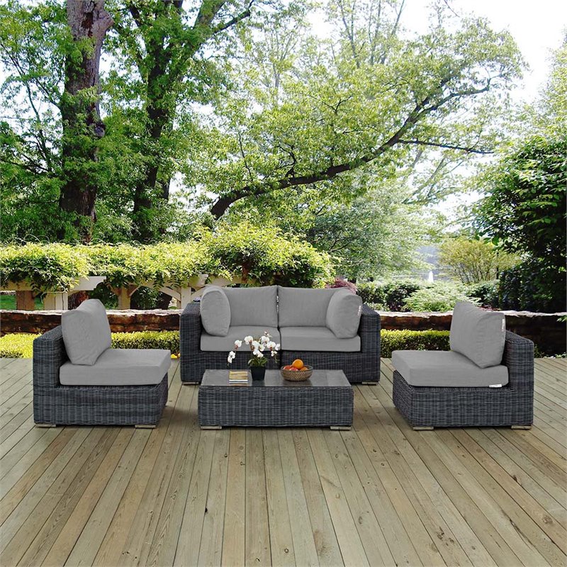 Modway Summon 5-Piece Aluminum and Rattan Patio Sectional Set - Canvas/Gray