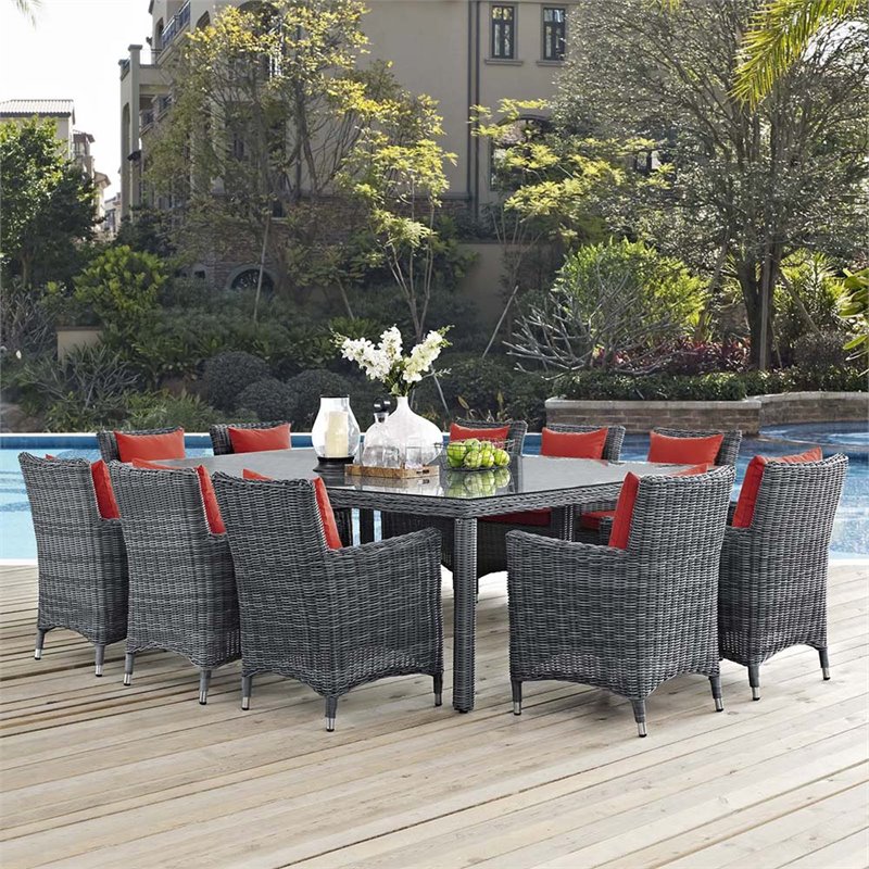Modway Summon 11-Piece Rattan Fabric Patio Dining Set in Canvas Gray/Red