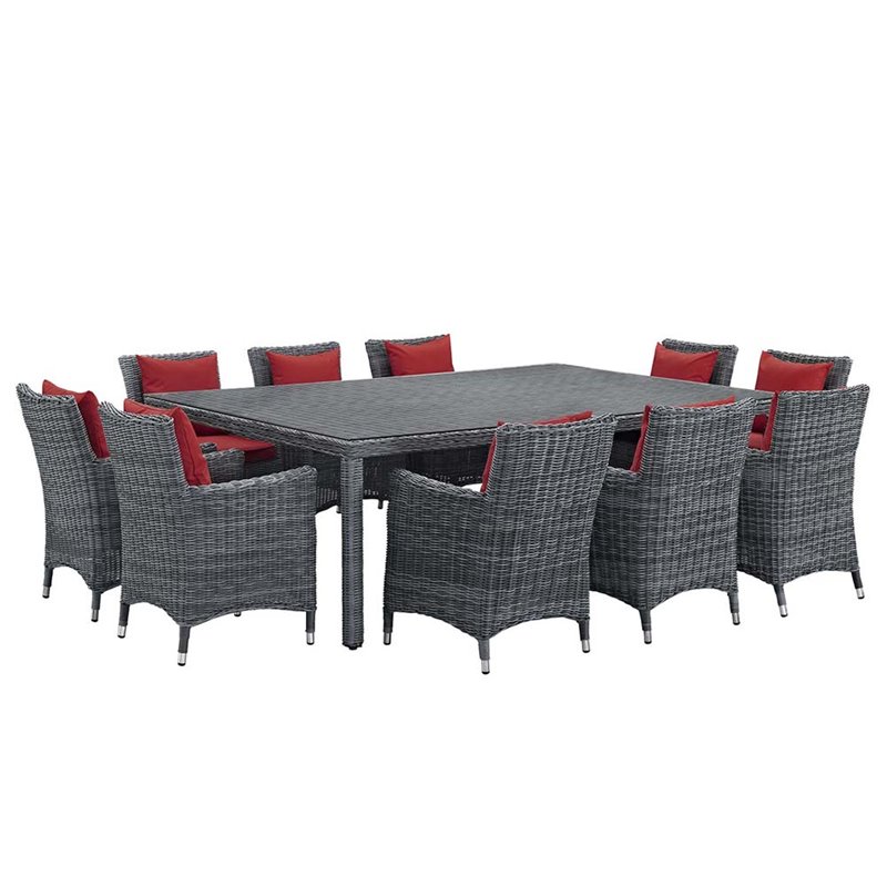 Modway Summon 11-Piece Rattan Fabric Patio Dining Set in Canvas Gray/Red