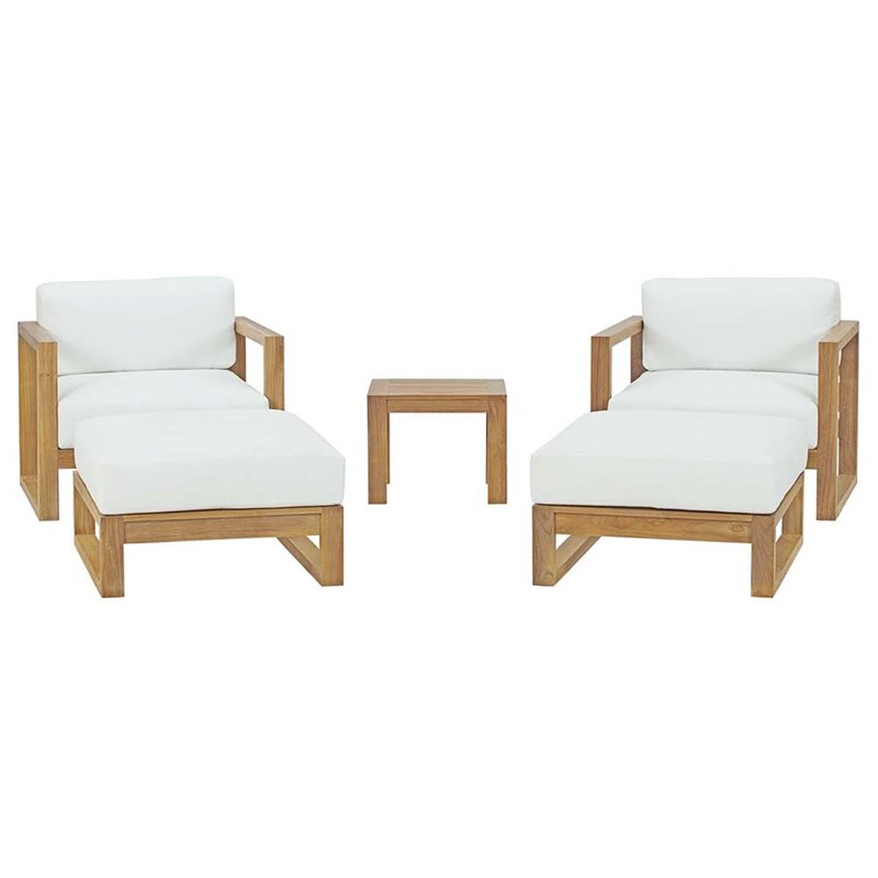 Modway Upland 5 Piece Teak Wood Patio Set in Natural and White