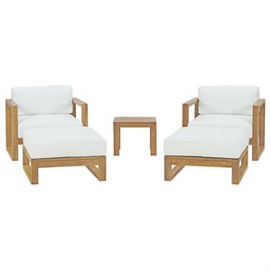 Modway Upland 5 Piece Teak Wood Patio Set in Natural and White