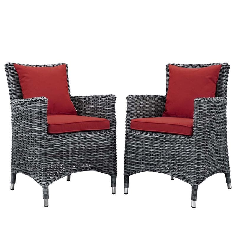 Modway Summon 2-Piece Rattan Fabric Patio Dining Chairs in Canvas Gray/Red