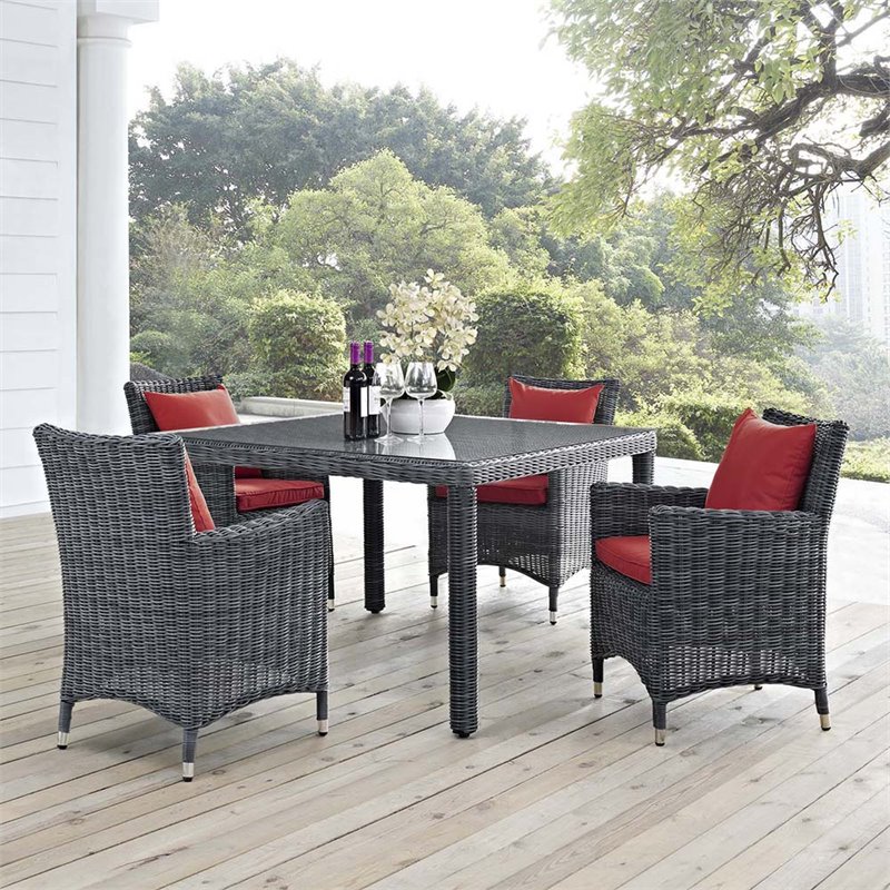 Modway Summon 4-Piece Rattan Fabric Patio Dining Chairs in Canvas Gray/Red