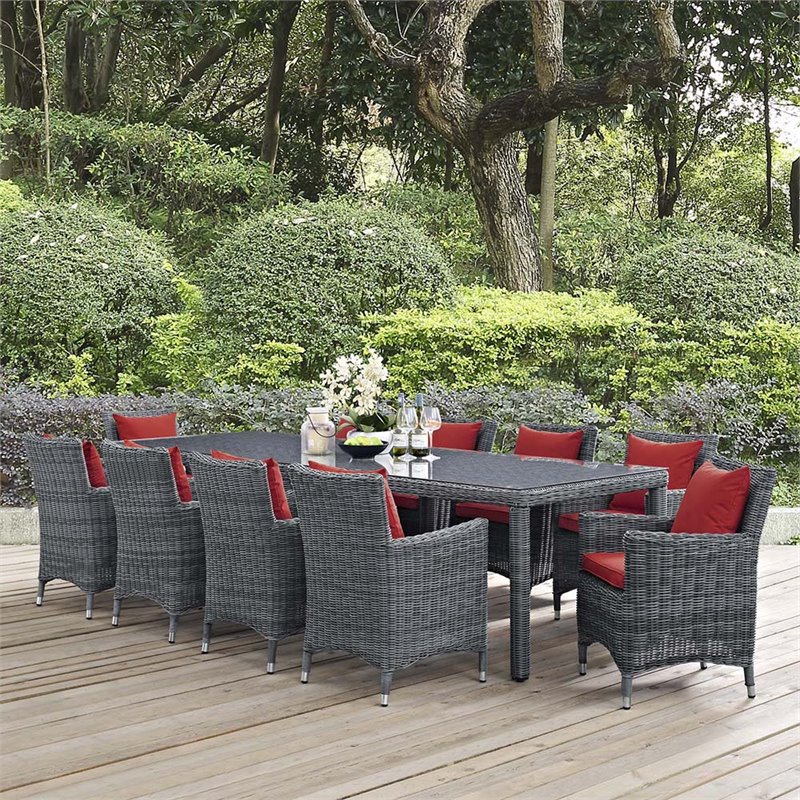 Modway Summon 4-Piece Rattan Fabric Patio Dining Chairs in Canvas Gray/Red