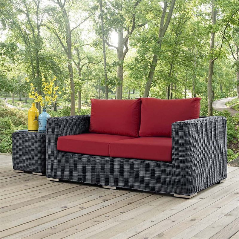 Modway Summon Aluminum and Rattan Patio Loveseat in Canvas/Red
