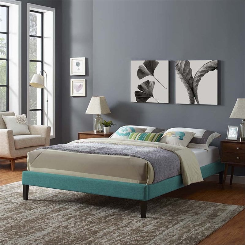 Modway Tessie King Polyester Fabric Bed Frame with Squared Tapered Legs in Teal