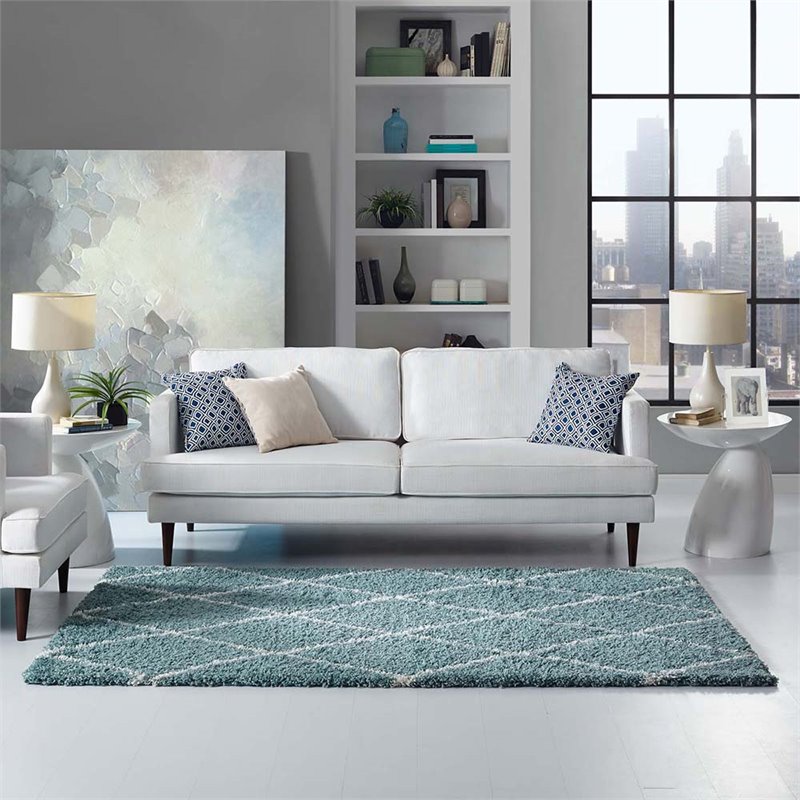 Modway Toryn 5' x 8' Diamond Lattice Shag Area Rug in Blue and Ivory